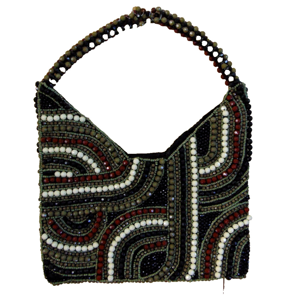 Vintage Hand Beaded Shoulder Bag Hobo Black Cream Red Swirl Boho Evening Purse